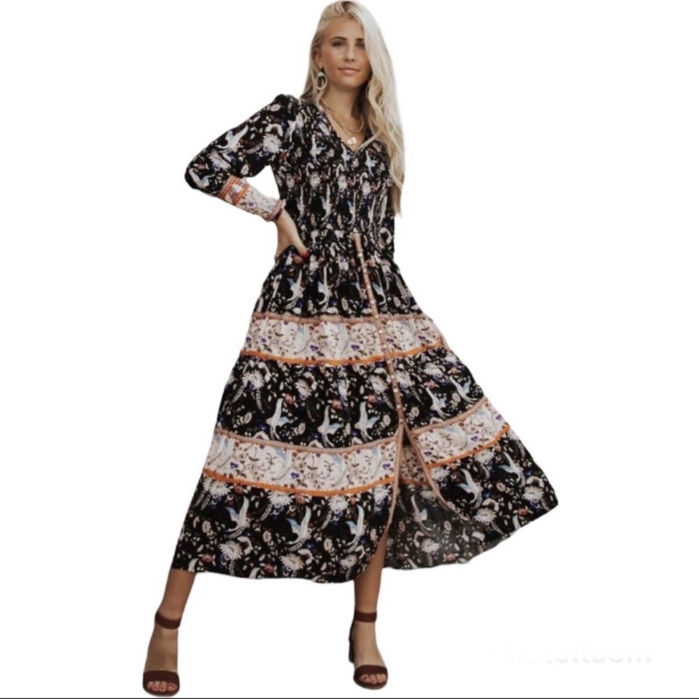 Bohme Smocked Bird Print Long Sleeve Maxi Dress